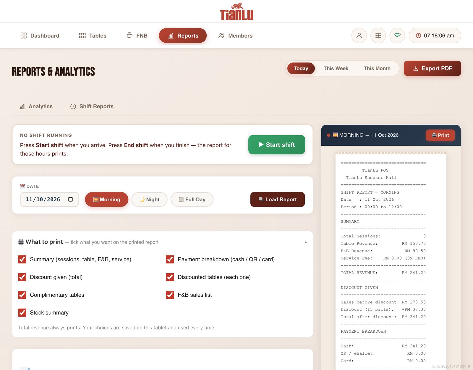 TianLu shift report