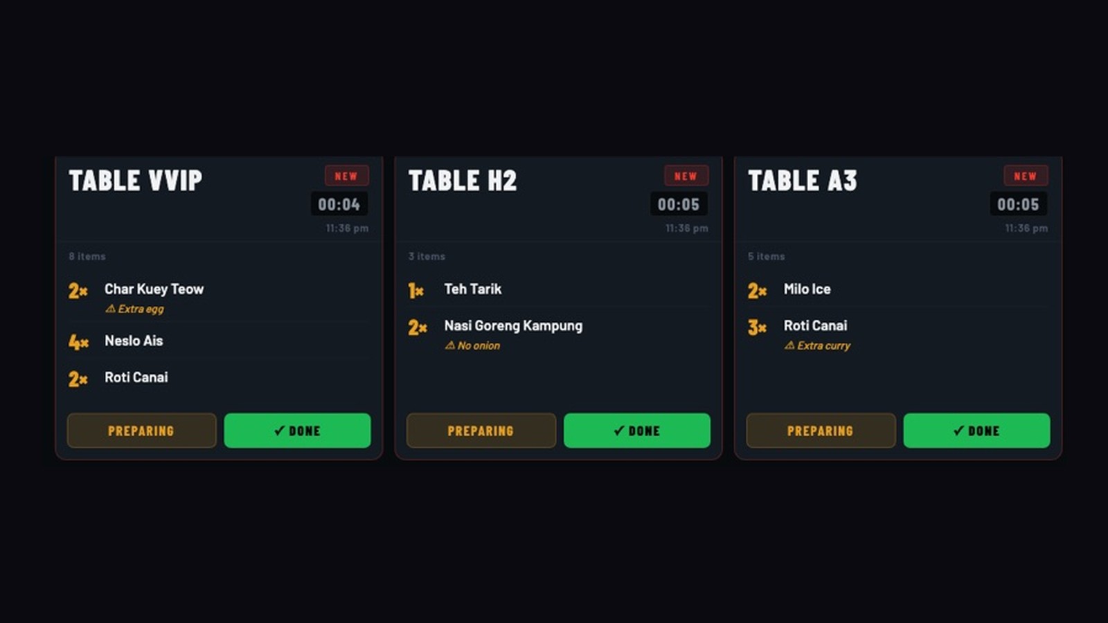 TianLu kitchen display with active food orders