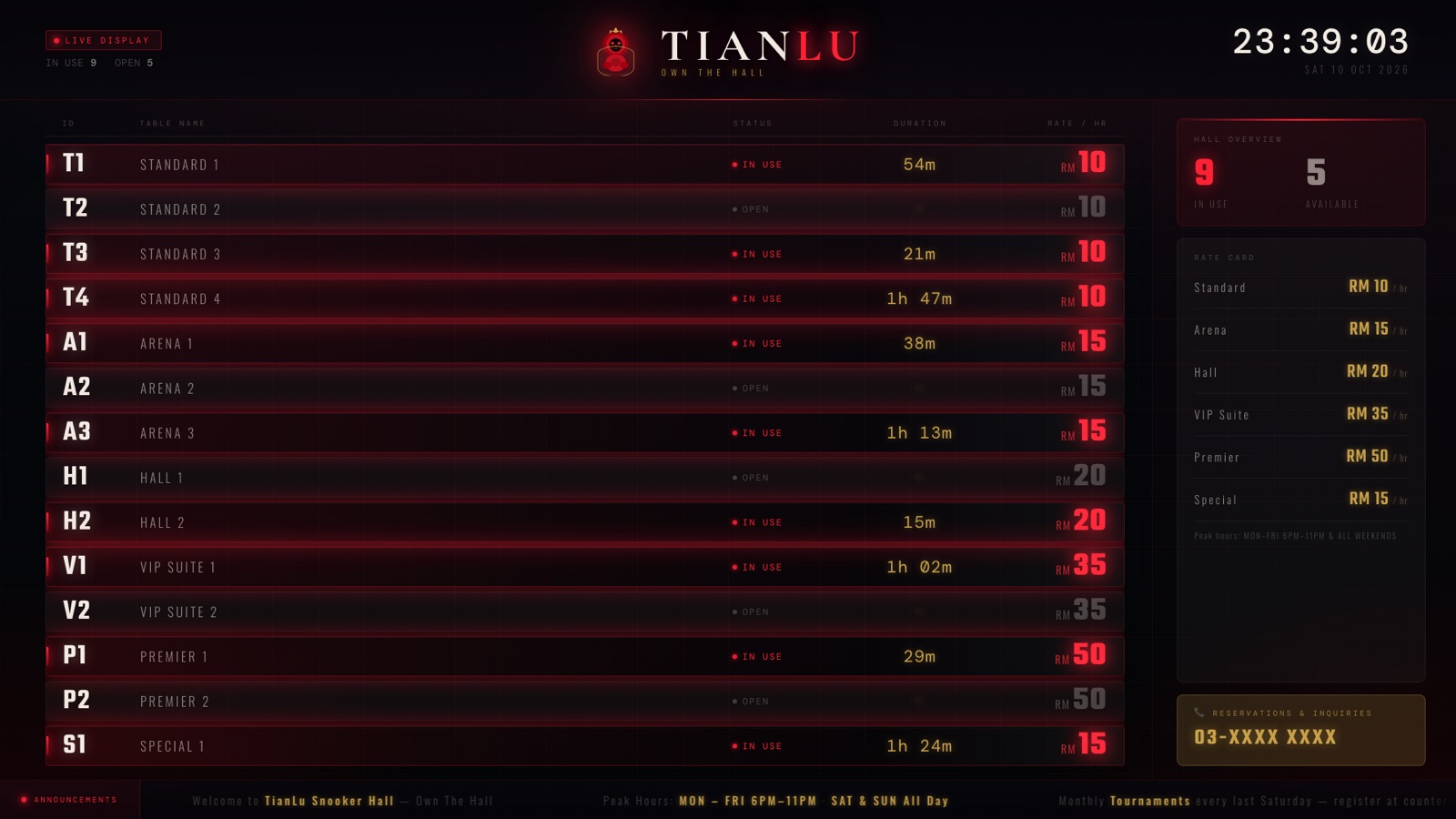 TianLu live hall display showing table status, duration and rates